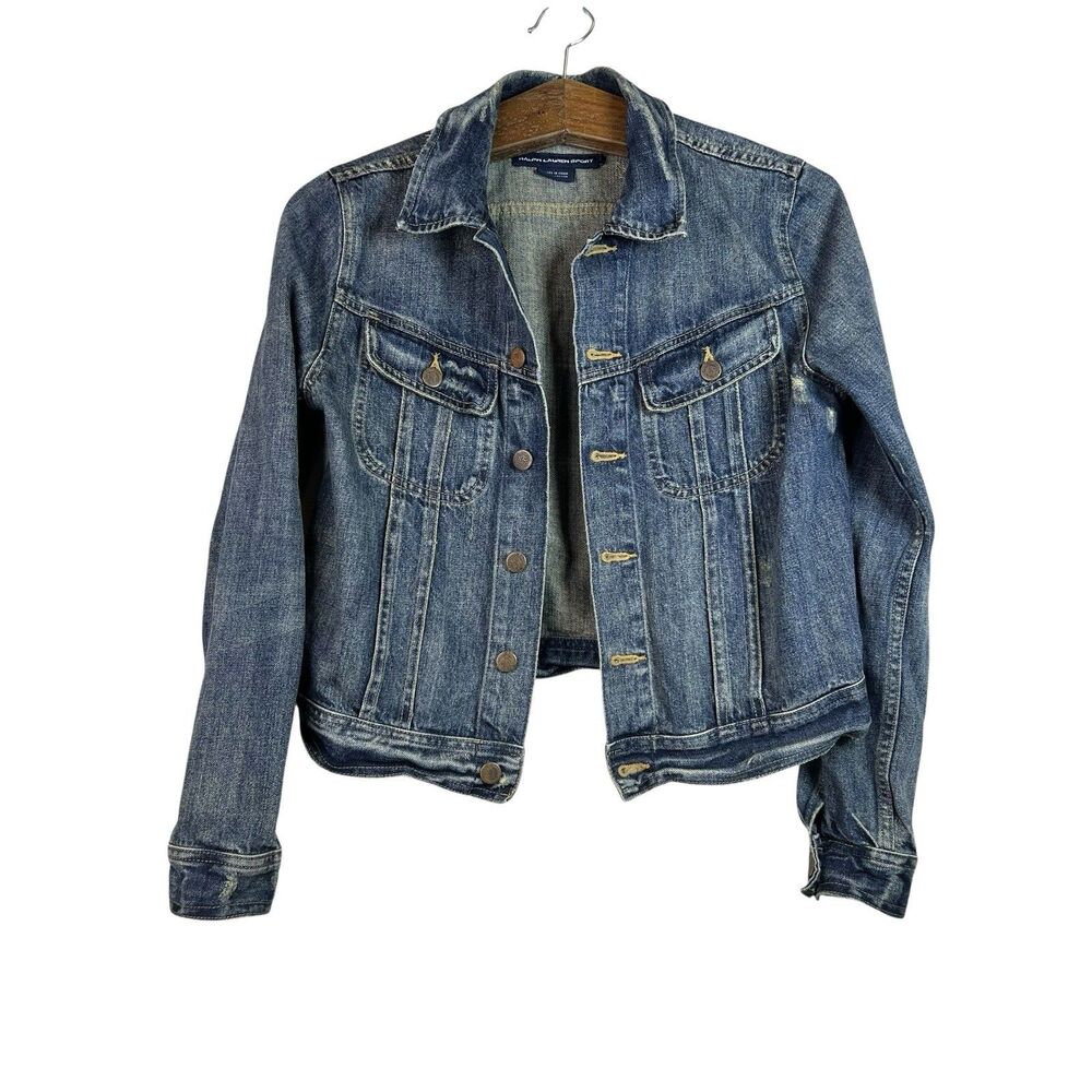 Vintage Ralph Lauren Sport Y2K Denim Jacket Womens Blue Jean Top Distressed Sz S